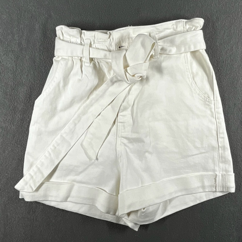 H&M White Paper Bag Waist Shorts Cuffed Hem Casual Summer Size 2‎